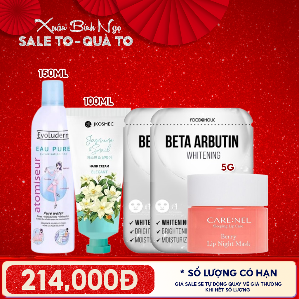Combo Valentine: Xịt Khoáng Evoluderm 150ml + Kem Dưỡng Da Tay Jkosmec JASMINE & SNAIL + Mặt Nạ Ngủ Môi Carenel Berry + 2 Mặt Nạ Foodaholic Hỗ Trợ Dưỡng Trắng, Đều Màu BETA ARBUTIN