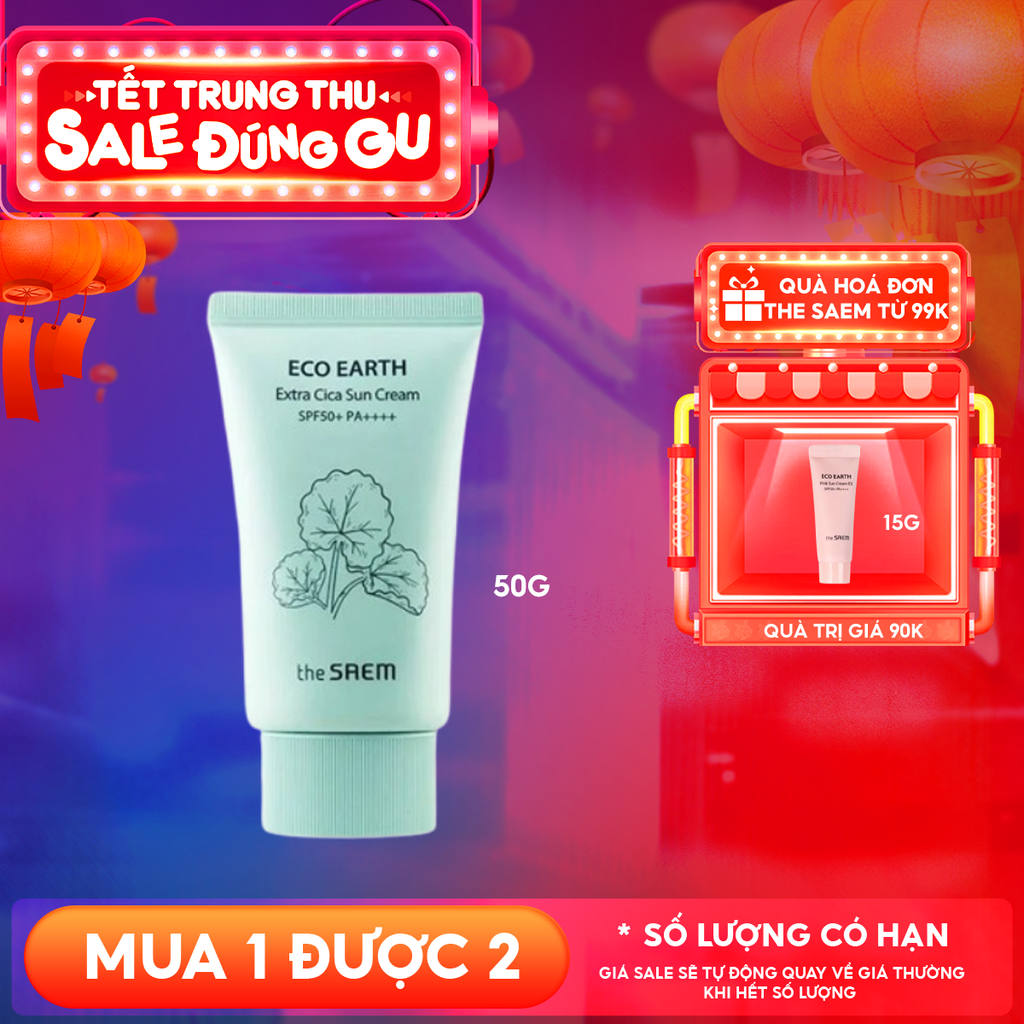 Kem Chống Nắng The Saem Nâng Tông, Cân Bằng Ẩm, Chiết Xuất Rau Má Eco Earth Extra Cica Sun Cream SPF50+/PA++++ 50g