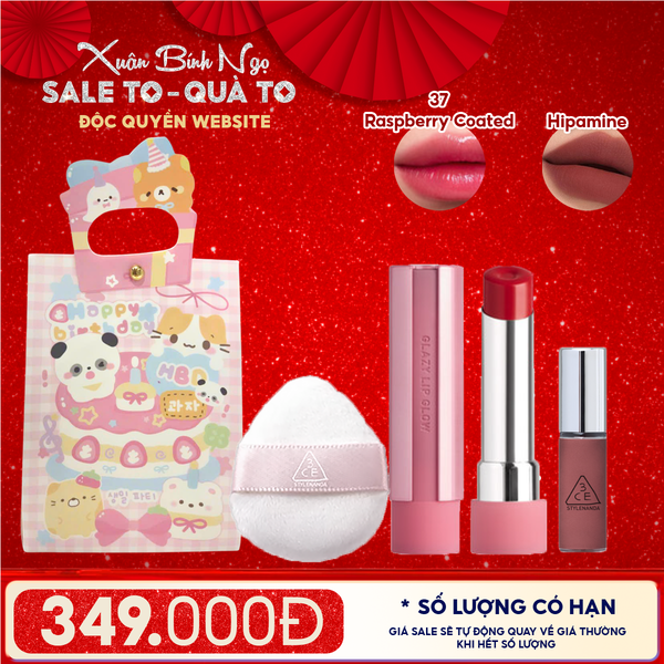  Combo Quà Tặng: Túi Quà + Son Bóng Dưỡng Môi Có Màu 3CE 37 Raspberry Coated + Mút Trang Điểm 3CE + Son Kem Lì Mini 3CE Hipamine 