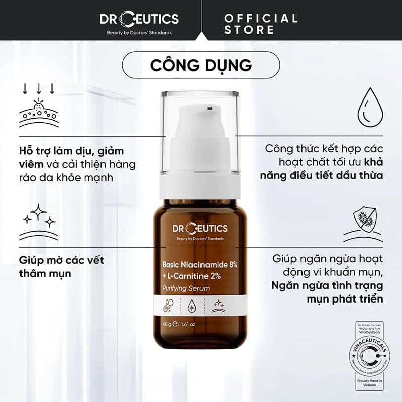 Serum Drceutics Kiềm Dầu, Hỗ Trợ Dưỡng Sáng, Mờ Thâm Basic Niacinamide 8% + L-Carnitine 2% Purifying Serum 40g
