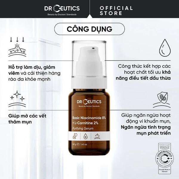  Serum Drceutics Kiềm Dầu, Hỗ Trợ Dưỡng Sáng, Mờ Thâm Basic Niacinamide 8% + L-Carnitine 2% Purifying Serum 40g 