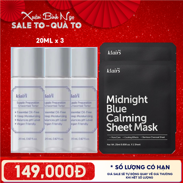  Combo 5 Sản Phẩm Klairs: 3 Nước Hoa Hồng Không Mùi Dưỡng Ẩm, Làm Dịu Da 20ml + 2 Mặt Nạ Làm Dịu, Hỗ Trợ Giảm Kích Ứng, Phục Hồi Da 