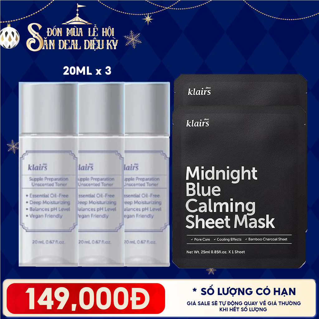 Combo 5 Sản Phẩm Klairs: 3 Nước Hoa Hồng Không Mùi Dưỡng Ẩm, Làm Dịu Da 20ml + 2 Mặt Nạ Làm Dịu, Hỗ Trợ Giảm Kích Ứng, Phục Hồi Da