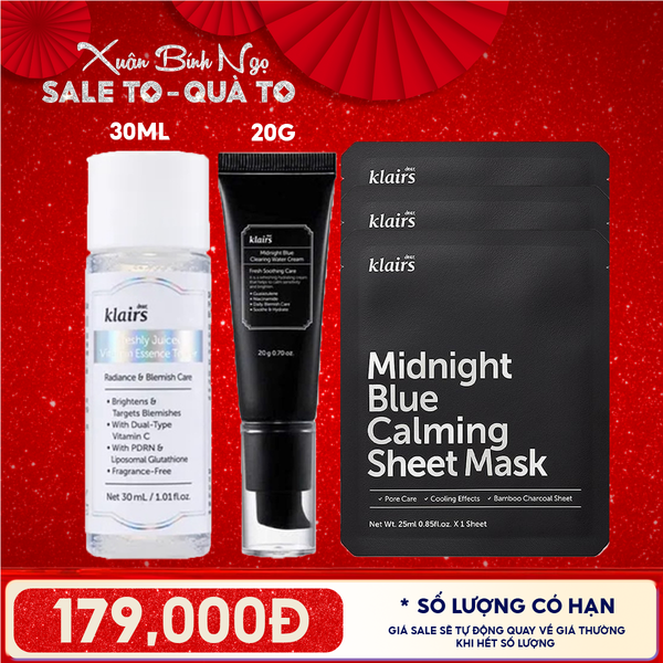  Combo 5 Sản Phẩm Klairs: Nước Hoa Hồng Sáng Da 30ml + 3 Mặt Nạ Làm Dịu, Hỗ Trợ Giảm Kích Ứng, Phục Hồi Da + Kem Dưỡng Làm Dịu, Cải Thiện Da Ban Đêm 20g 
