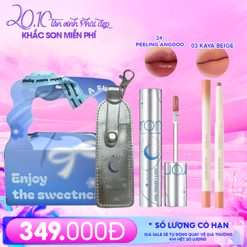 Combo Romand: Son Tint Lì Juicy Solunar Edition + Túi Đựng Son Móc Khóa Solunar + Chì Kẻ Viền Môi Nhung Lì, Lâu Trôi, Thiết Kế 2 Đầu 03 Kaya Beige + Túi Quà