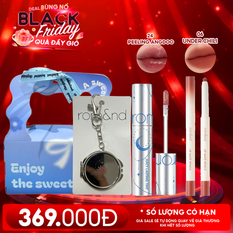 Combo Romand: Son Tint Lì Juicy Solunar Edition + Gương Móc Khóa Romand Solunar + Chì Kẻ Viền Môi Nhung Lì, Lâu Trôi, Thiết Kế 2 Đầu 06 Under Chili + Túi Quà