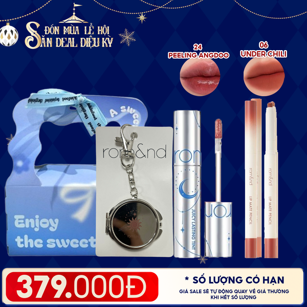  Combo Romand: Son Tint Lì Juicy Solunar Edition + Gương Móc Khóa Romand Solunar + Chì Kẻ Viền Môi Nhung Lì, Lâu Trôi, Thiết Kế 2 Đầu 06 Under Chili + Túi Quà 