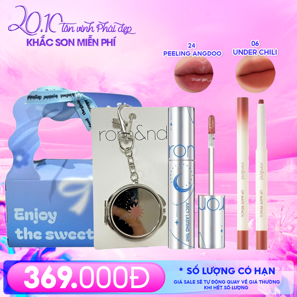  Combo Romand: Son Tint Lì Juicy Solunar Edition + Gương Móc Khóa Romand Solunar + Chì Kẻ Viền Môi Nhung Lì, Lâu Trôi, Thiết Kế 2 Đầu 06 Under Chili + Túi Quà 