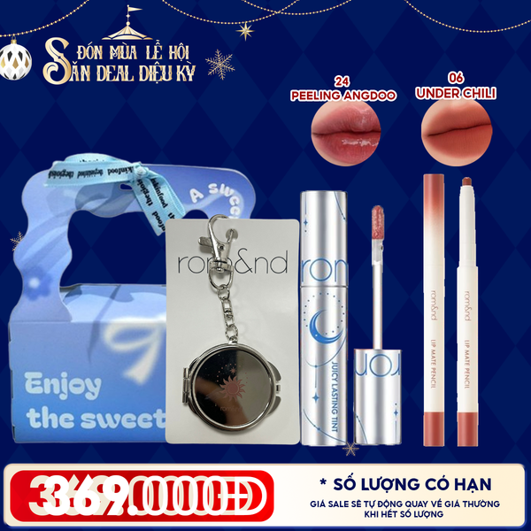  Combo Romand: Son Tint Lì Juicy Solunar Edition + Gương Móc Khóa Romand Solunar + Chì Kẻ Viền Môi Nhung Lì, Lâu Trôi, Thiết Kế 2 Đầu 06 Under Chili + Túi Quà 