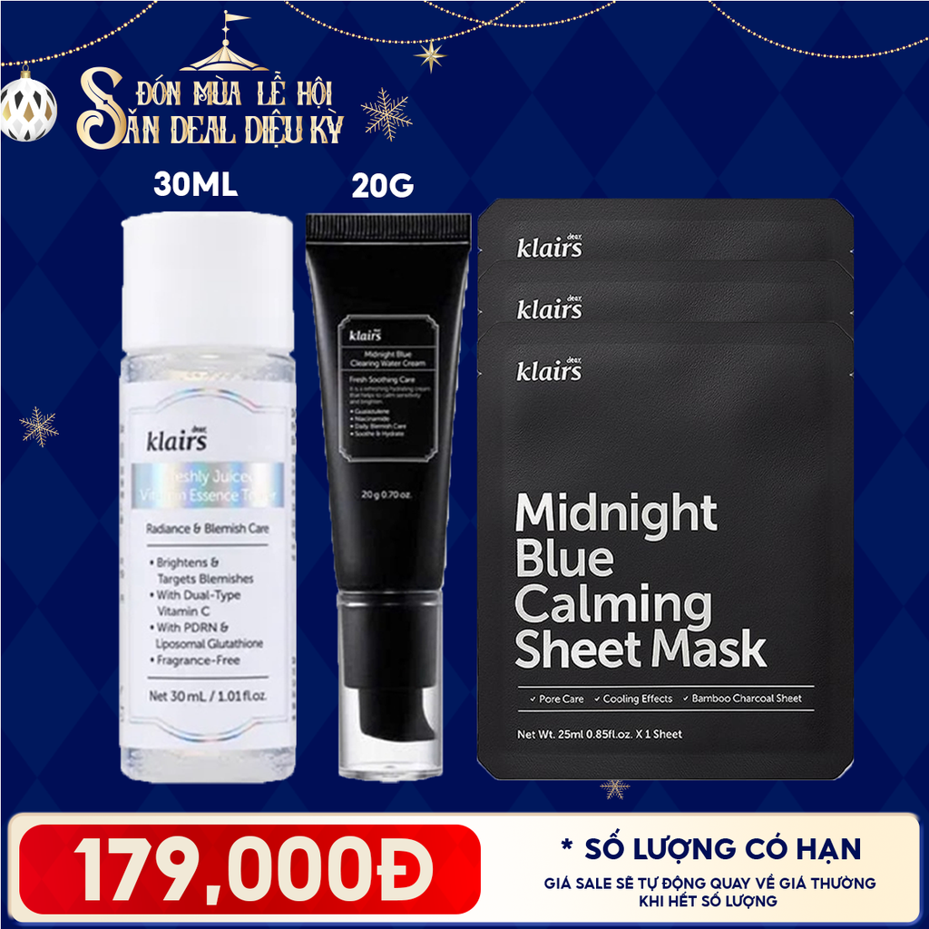 Combo 5 Sản Phẩm Klairs: Nước Hoa Hồng Sáng Da 30ml + 3 Mặt Nạ Làm Dịu, Hỗ Trợ Giảm Kích Ứng, Phục Hồi Da + Kem Dưỡng Làm Dịu, Cải Thiện Da Ban Đêm 20g