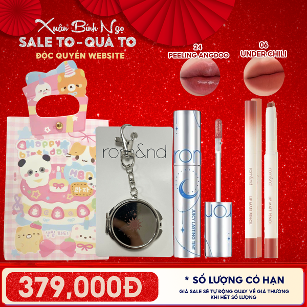  Combo Romand: Son Tint Lì Juicy Solunar Edition + Gương Móc Khóa Romand Solunar + Chì Kẻ Viền Môi Nhung Lì, Lâu Trôi, Thiết Kế 2 Đầu 06 Under Chili + Túi Quà 