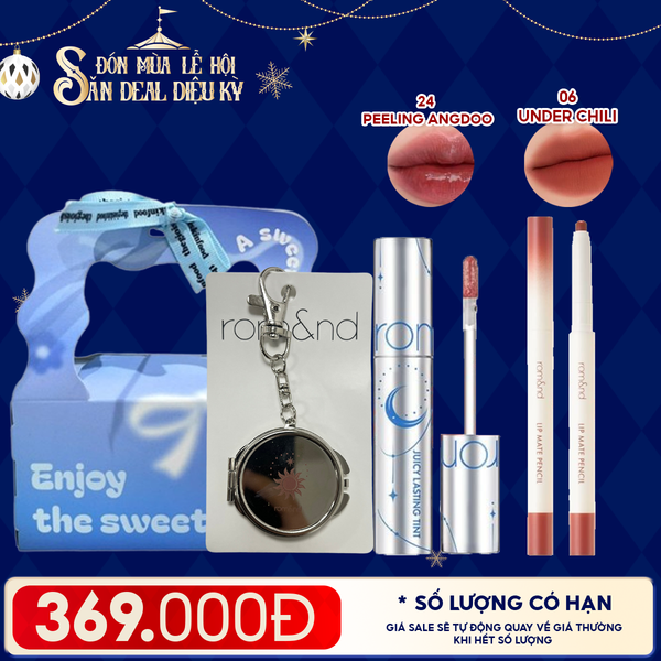  Combo Romand: Son Tint Lì Juicy Solunar Edition + Gương Móc Khóa Romand Solunar + Chì Kẻ Viền Môi Nhung Lì, Lâu Trôi, Thiết Kế 2 Đầu 06 Under Chili + Túi Quà 