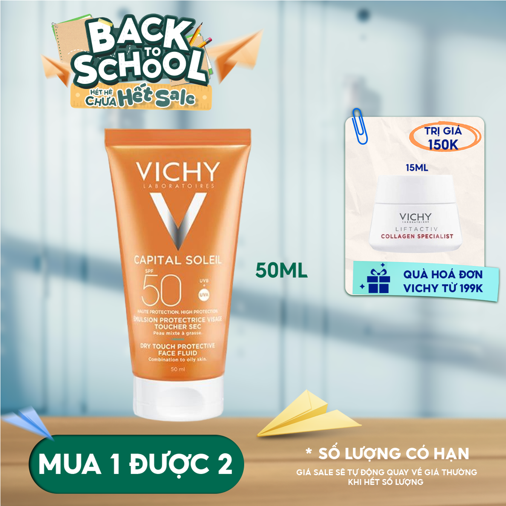 Kem Chống Nắng Vichy Cho Da Dầu, Không Nhờn Rít Ideal Soleil Mattifying Face Fluid Dry Touch SPF50+ 50ml