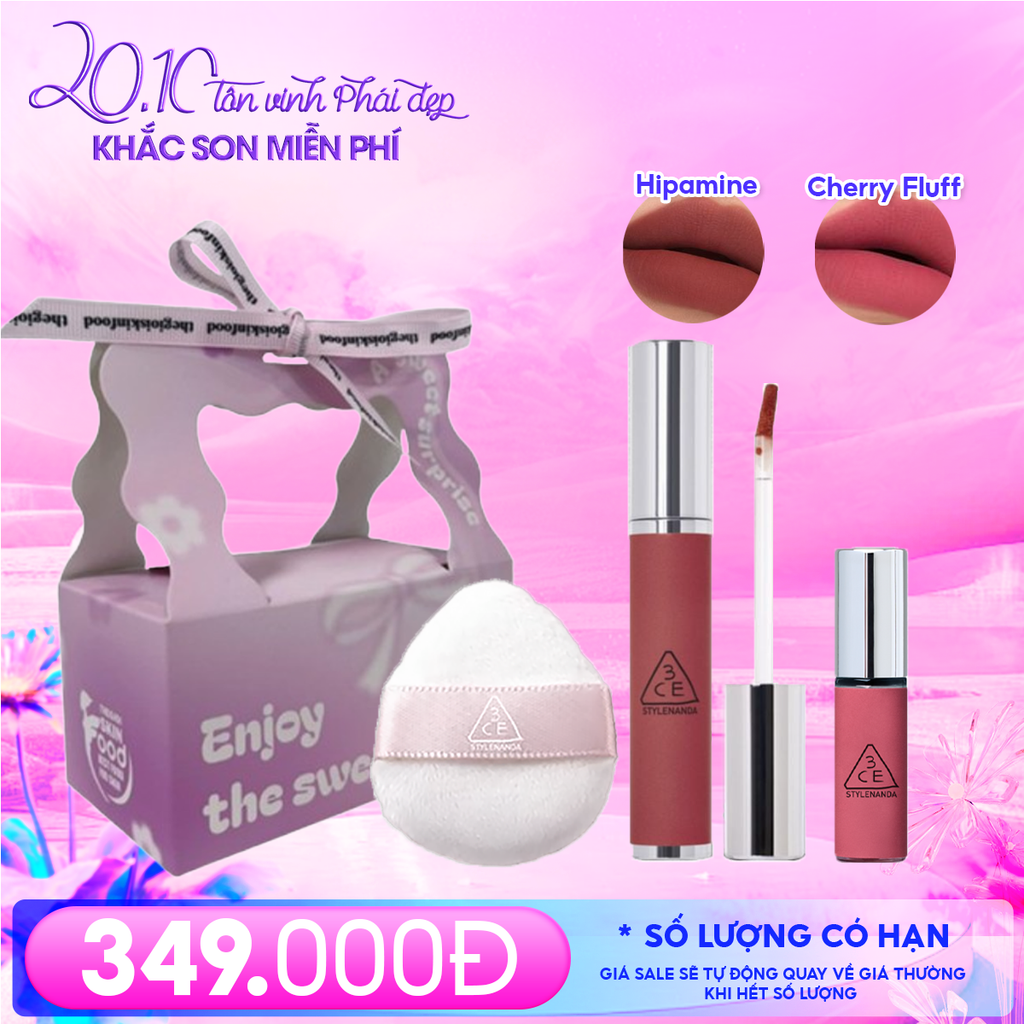 Combo Quà Tặng 20/10: Túi Quà + Son Kem Lì Mịn Mượt Môi 3CE Hipamine + Mút Trang Điểm 3CE + Son Kem Lì Mini 3CE Cherry Fluff