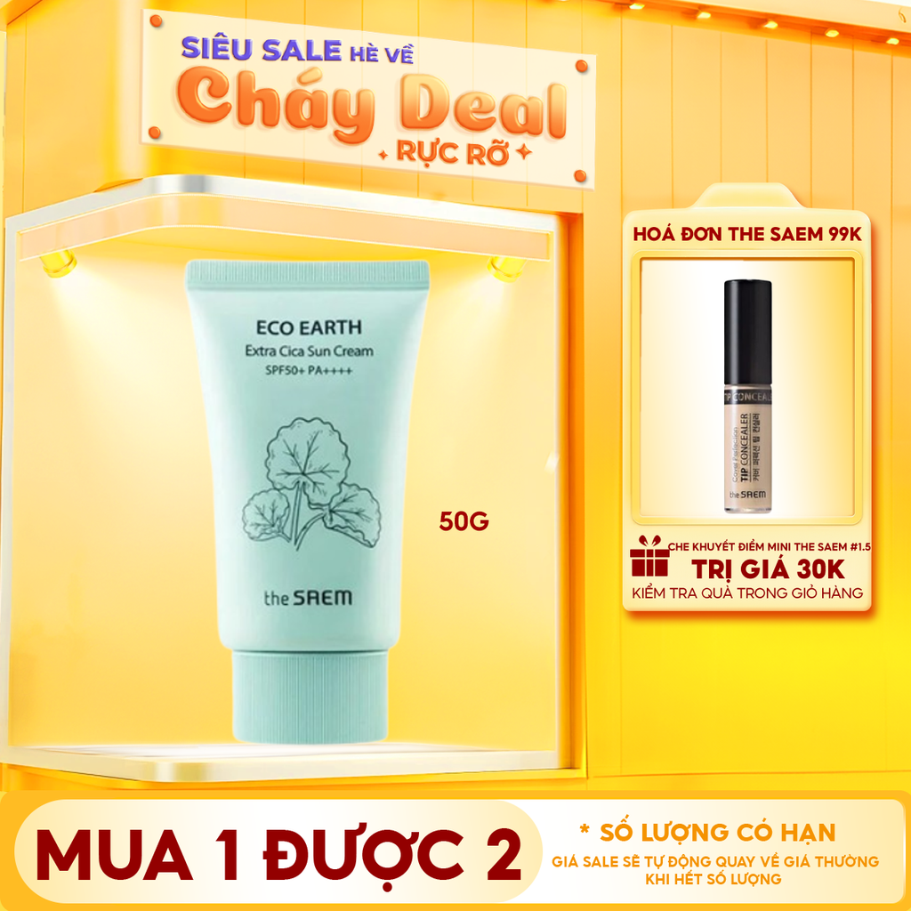 Kem Chống Nắng The Saem Nâng Tông, Cân Bằng Ẩm, Chiết Xuất Rau Má Eco Earth Extra Cica Sun Cream SPF50+/PA++++ 50g
