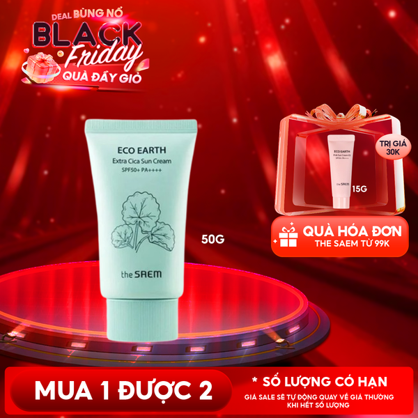  Kem Chống Nắng The Saem Nâng Tông, Cân Bằng Ẩm, Chiết Xuất Rau Má Eco Earth Extra Cica Sun Cream SPF50+/PA++++ 50g 