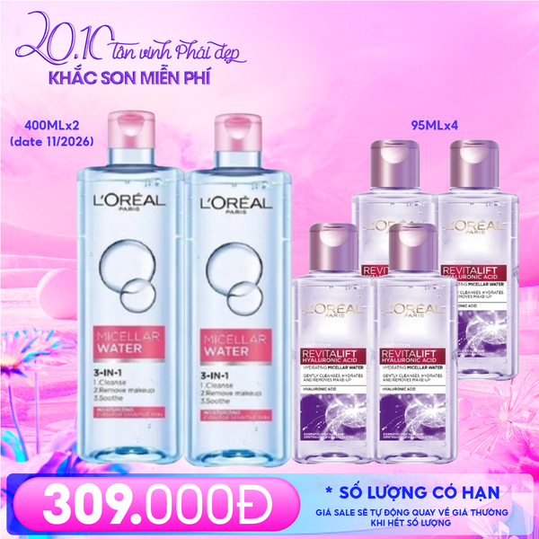  Combo L'oreal 6 Sản Phẩm: Nước Tẩy Trang Sạch Sâu Dưỡng Ẩm 400ml (date 11/2026)(2 Chai) + Nước Tẩy Trang Cấp Ẩm 95ml ( 4 Chai) 