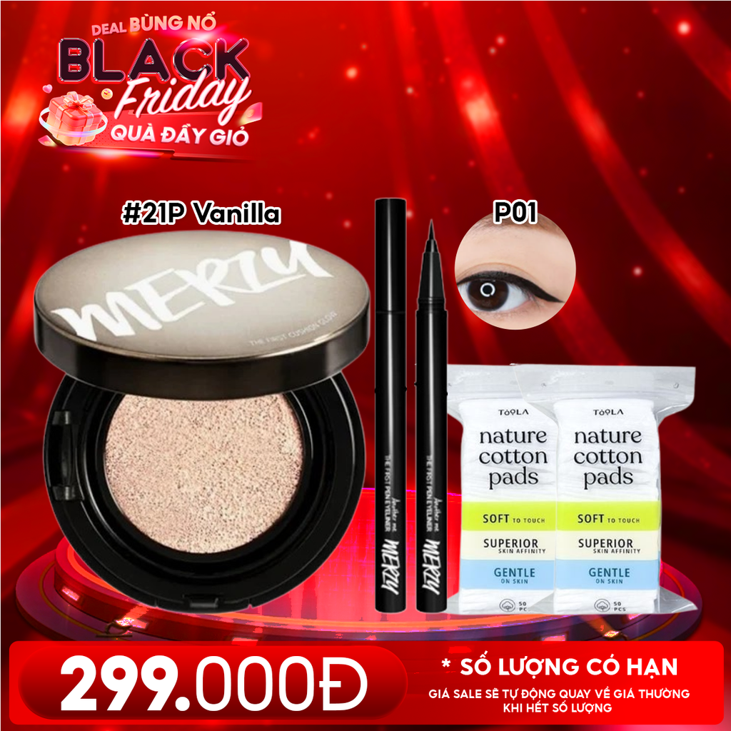 Combo Quà Tặng 20/11: Phấn Nước Merzy 21P Vanilla + Bút Kẻ Mắt Nước Merzy P1 Đen + 2 Bông Tẩy Trang TOOLA - 50 miếng