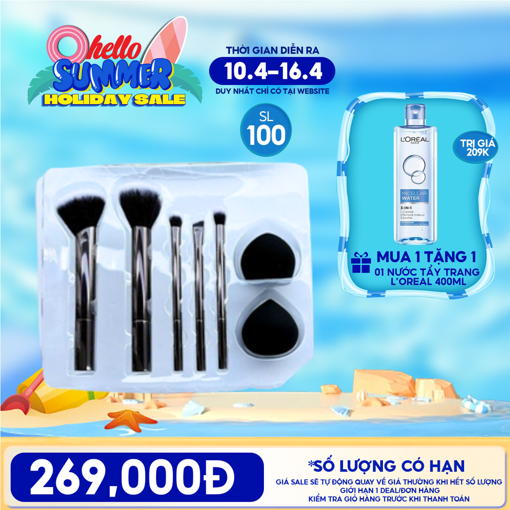 [ĐỘC QUYỀN - MUA 1 TẶNG 1] Bộ Cọ Trang Điểm Cơ Bản Kèm Bông Mút TOOLA TẶNG 1 Nước Tẩy Trang 400ML