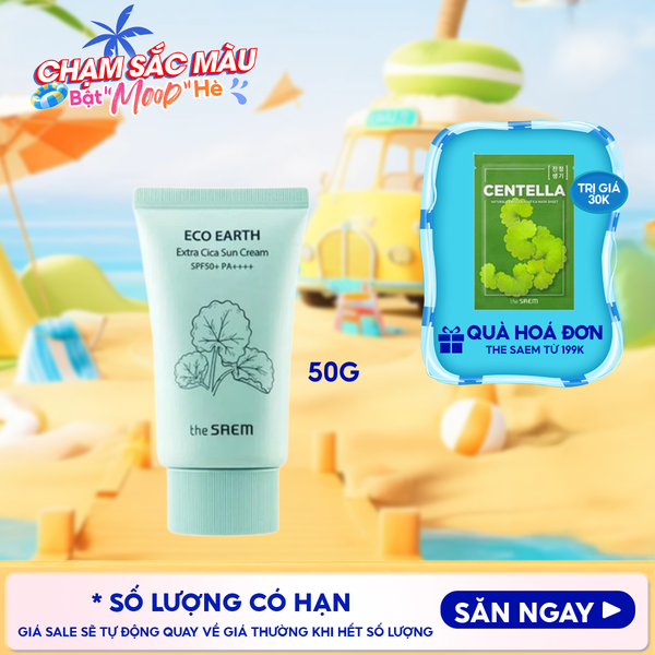  Kem Chống Nắng The Saem Nâng Tông, Cân Bằng Ẩm, Chiết Xuất Rau Má Eco Earth Extra Cica Sun Cream SPF50+/PA++++ 50g 