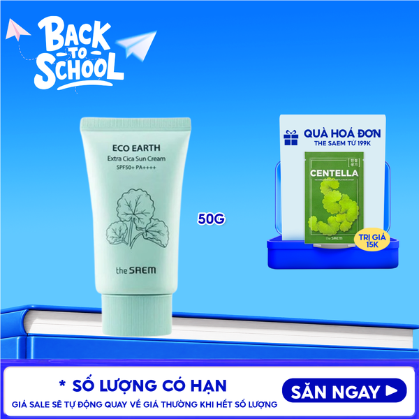  Kem Chống Nắng The Saem Nâng Tông, Cân Bằng Ẩm, Chiết Xuất Rau Má Eco Earth Extra Cica Sun Cream SPF50+/PA++++ 50g 