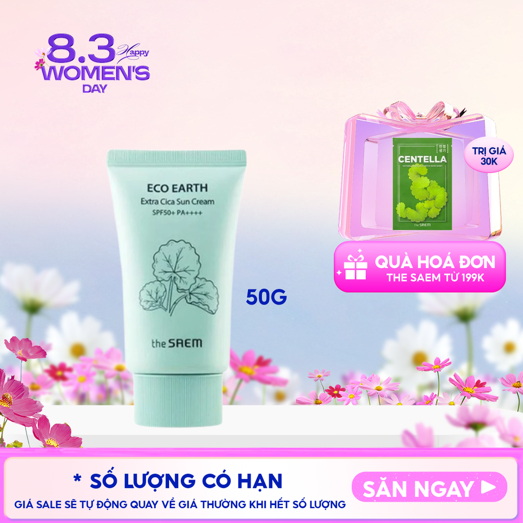 Kem Chống Nắng The Saem Nâng Tông, Cân Bằng Ẩm, Chiết Xuất Rau Má Eco Earth Extra Cica Sun Cream SPF50+/PA++++ 50g