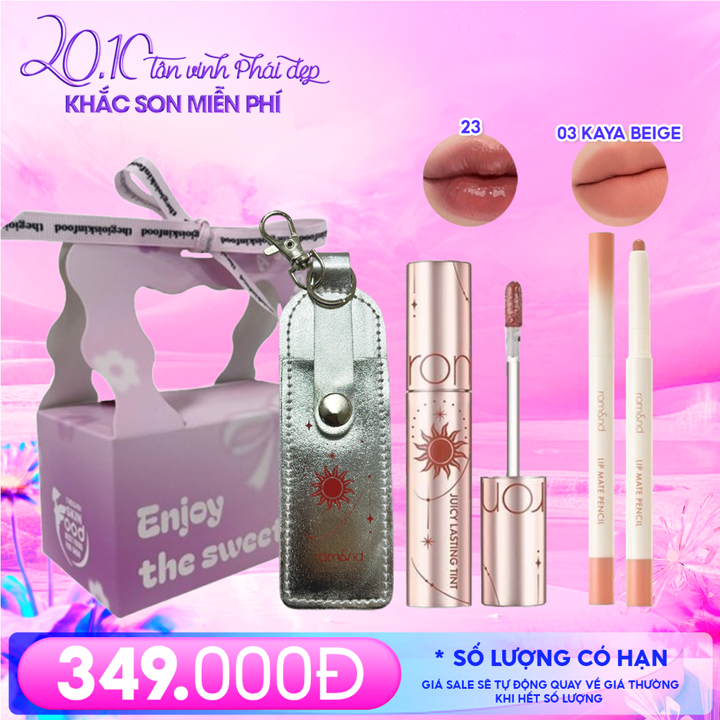 Combo Romand: Son Tint Lì Juicy Solunar Edition + Túi Đựng Son Móc Khóa Solunar + Chì Kẻ Viền Môi Nhung Lì, Lâu Trôi, Thiết Kế 2 Đầu 03 Kaya Beige + Túi Quà