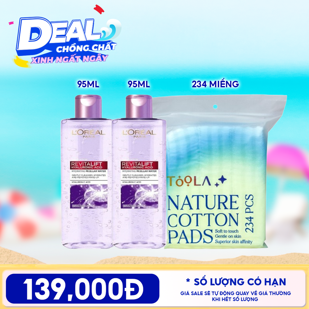 Combo Travel: Nước Tẩy Trang L'oreal Làm Sạch, Cấp Ẩm Revitalift Hyaluronic Acid Hydrating Micellar Water 95ml + Bông Tẩy Trang Mềm Mịn TOOLA