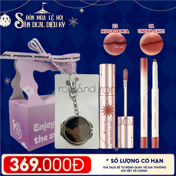  Combo Romand: Son Tint Lì Juicy Solunar Edition + Gương Móc Khóa Romand Solunar + Chì Kẻ Viền Môi Nhung Lì, Lâu Trôi, Thiết Kế 2 Đầu 06 Under Chili + Túi Quà 