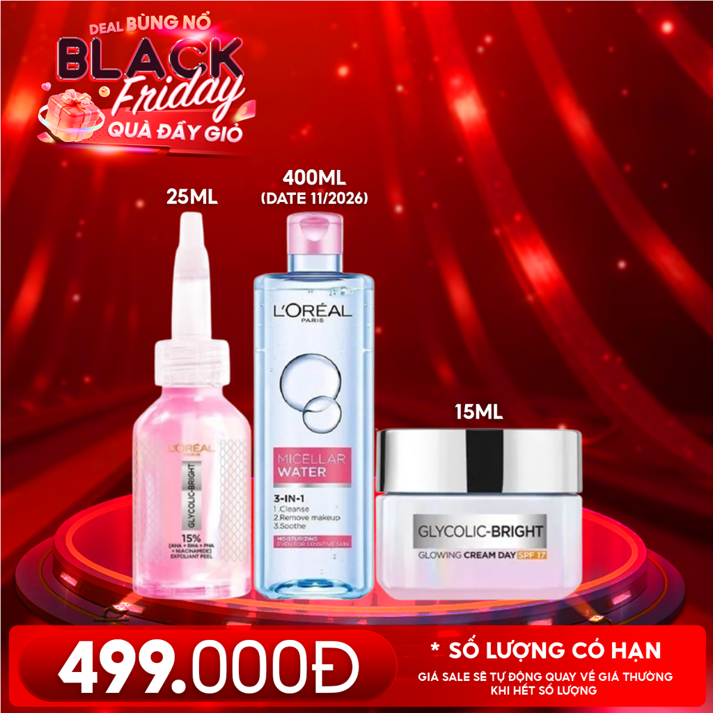 Combo 3 Sản Phẩm L'oreal: Dưỡng Chất Peel Sáng Da 25ml + Kem Dưỡng Mờ Thâm Nám 15ML + Nước Tẩy Trang Dưỡng Ẩm 400ml (date 11/2026)