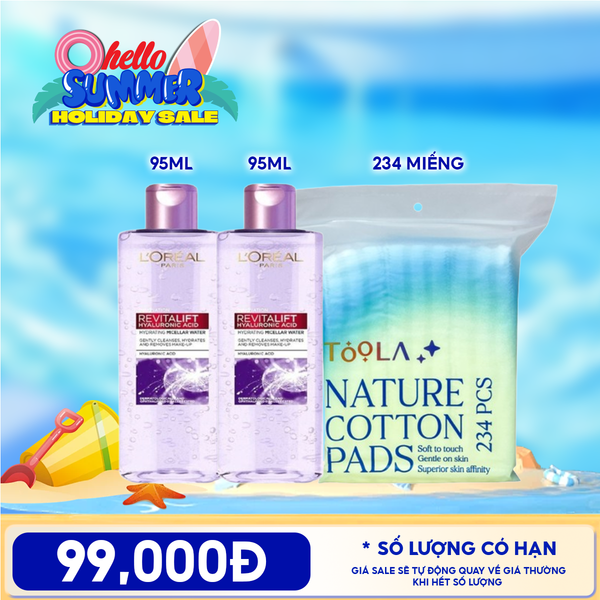  Combo Travelsize: Nước Tẩy Trang L'oreal Làm Sạch, Cấp Ẩm Revitalift Hyaluronic Acid Hydrating Micellar Water 95ml + Bông Tẩy Trang Mềm Mịn TOOLA 