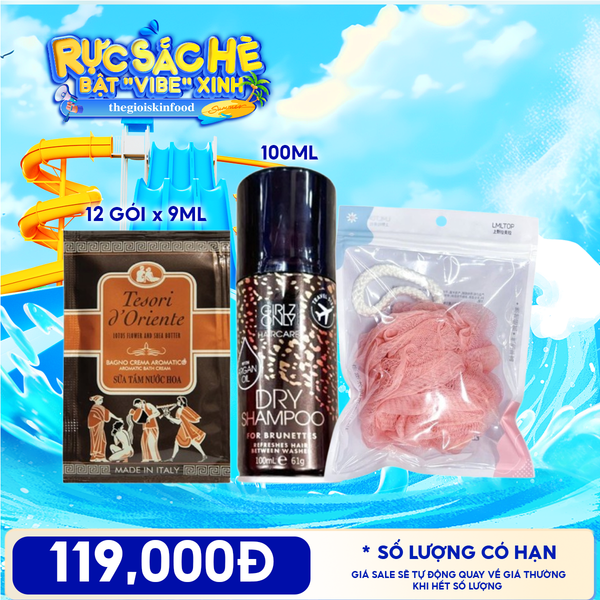  Combo Travel: Dây 12 Gói Sữa Tắm Tesori d'Oriente Aromatic Bath Cream + Dầu Gội Khô Girlz Only Dry Shampoo + Bông Tắm Tạo Bọt Cao Cấp LMLTOP Bath Ball 