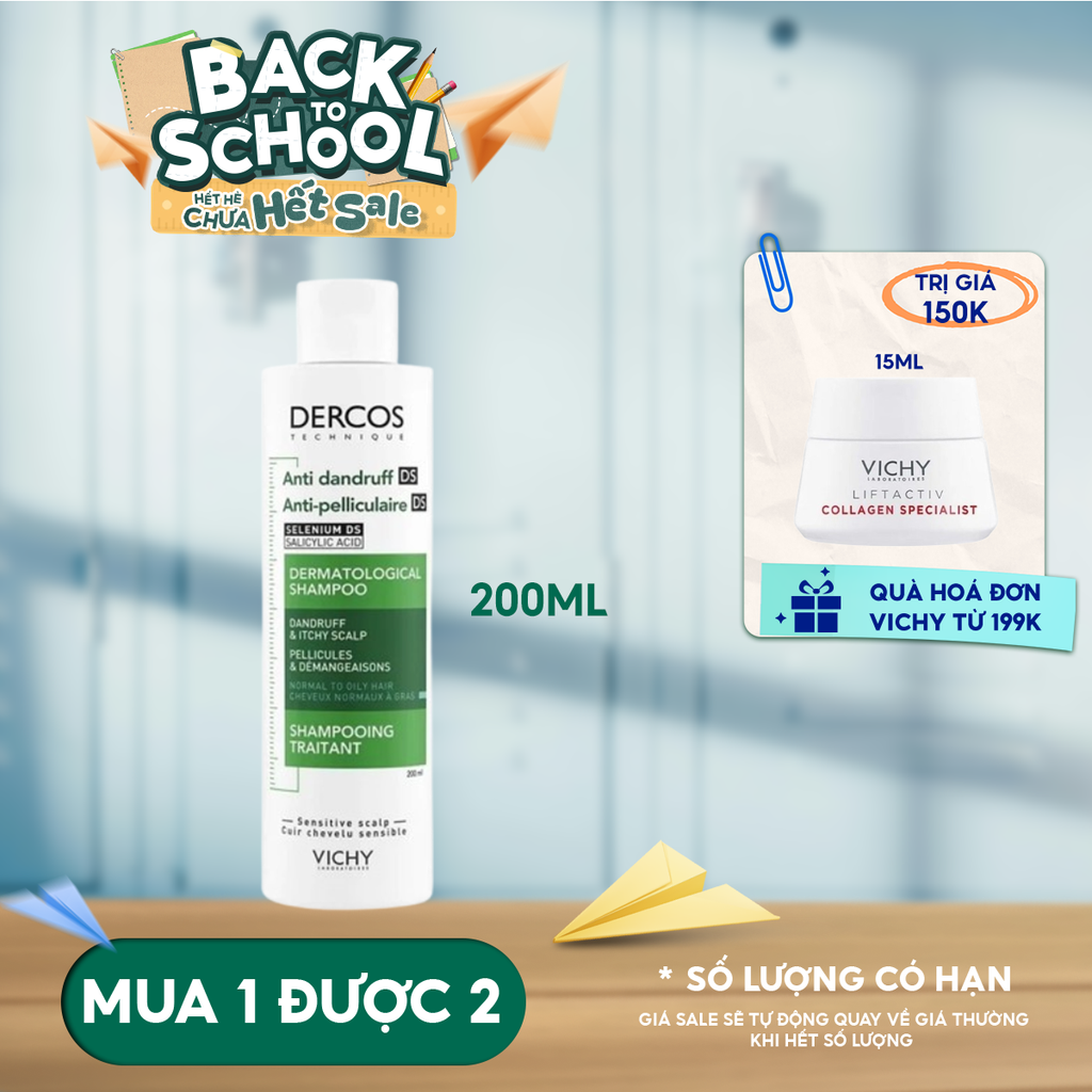 [200ml] Dầu Gội Vichy Làm Sạch Gàu, Hỗ Trợ Giảm Ngứa Dành Cho Da Dầu Dercos Anti Dandruff Dermatological Shampoo