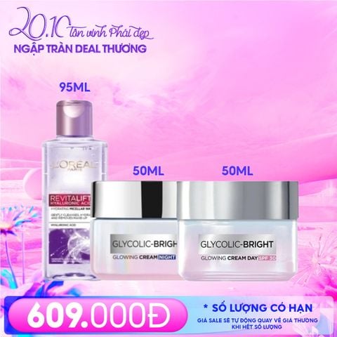 Combo 20/10: Kem Dưỡng Ban Ngày L'oreal Glycolic-Bright Glowing Cream Day 50ml + Kem Dưỡng Da Ban Đêm L'oreal Glycolic-Bright Glowing Cream Night 50ml + Nước Tẩy Trang L'oreal #Revitalift 95ml (2 chai))