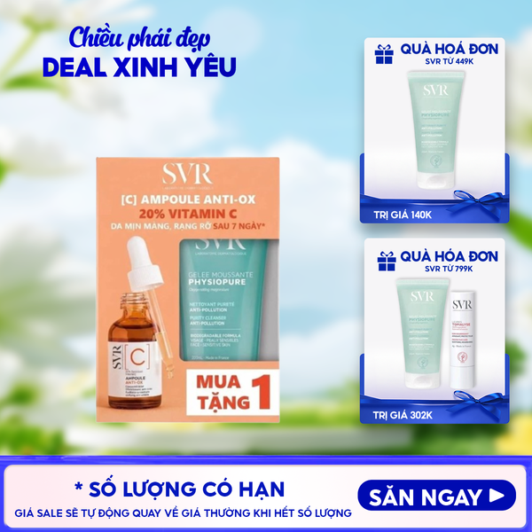 Serum SVR Hỗ Trợ Dưỡng Sáng Da [C] Ampoule Anti-Ox 30ml + Sữa Rửa Mặt SVR Physiopure Gelée Moussante 200ml 