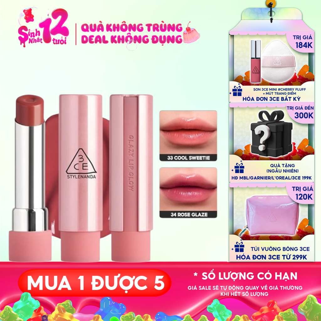 Son Bóng Dưỡng Môi Có Màu 3CE Glazy Lip Glow 5g