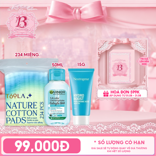  Combo Travel: Nước Tẩy Trang Garnier Làm Sạch Sâu Micellar Cleansing Water + Kem Dưỡng Ẩm Neutrogena Hydro Boost Water Gel + Bông Tẩy Trang Mềm Mịn TOOLA 
