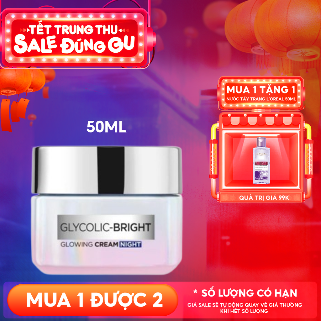 Kem Dưỡng Da L'Oreal Hỗ Trợ Mờ Thâm Nám Ban Đêm Glycolic Bright Glowing Cream Night 50ml