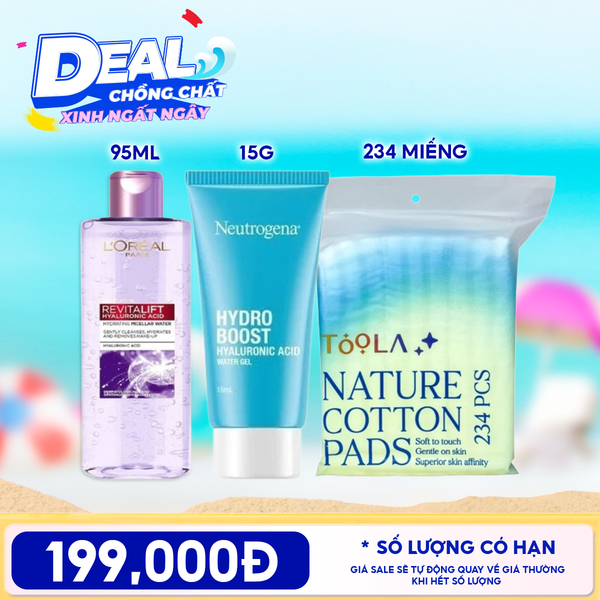  Combo Travel: Nước Tẩy Trang L'oreal Revitalift Hyaluronic Acid Hydrating Micellar Water + Kem Dưỡng Ẩm Neutrogena Hydro Boost Water Gel + Bông Tẩy Trang Mềm Mịn TOOLA 
