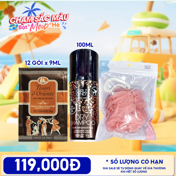  Combo Travel: Dây 12 Gói Sữa Tắm Tesori d'Oriente Aromatic Bath Cream + Dầu Gội Khô Girlz Only Dry Shampoo + Bông Tắm Tạo Bọt Cao Cấp LMLTOP Bath Ball 