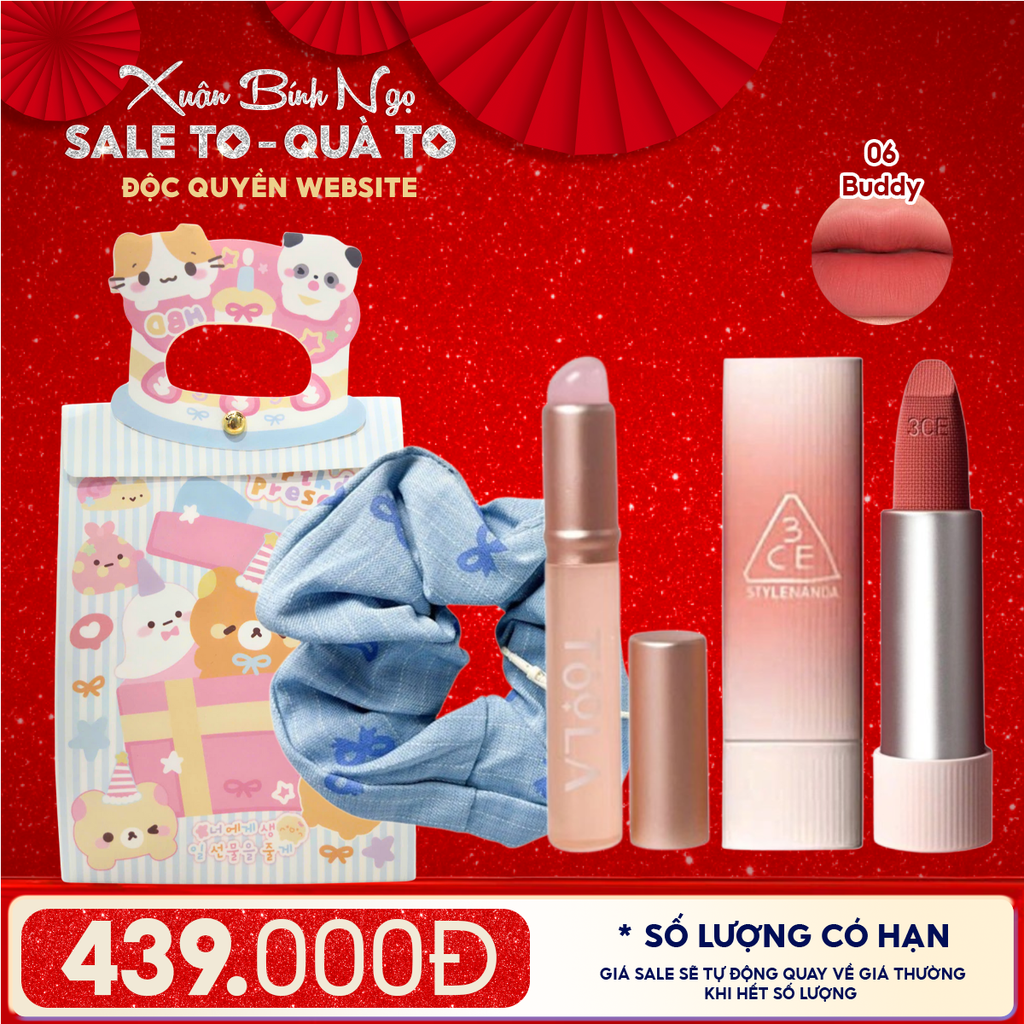 Túi Quà Tặng: Son 3CE + Kẹp Tóc Ngẫu Nhiên + Cọ Môi + Túi Quà Tặng