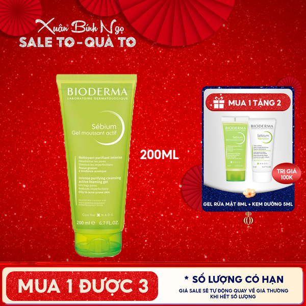  Gel Rửa Mặt Bioderma Làm Sạch Sâu & Hỗ Trợ Giảm Mụn Sebium Gel Moussant Actif 200ml 