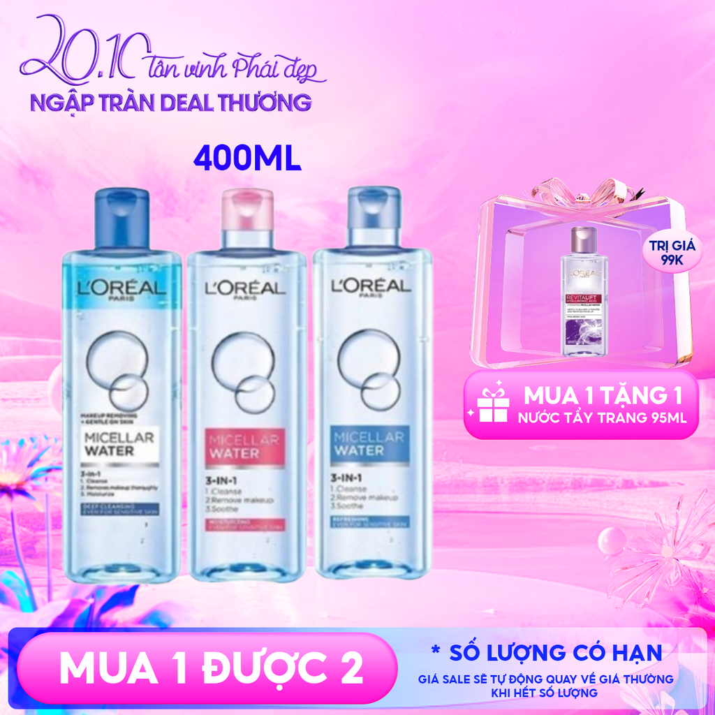 Nước Tẩy Trang L'Oreal Làm Sạch Tươi Mát, Dưỡng Ẩm Cho Da 3-in-1 Micellar Water