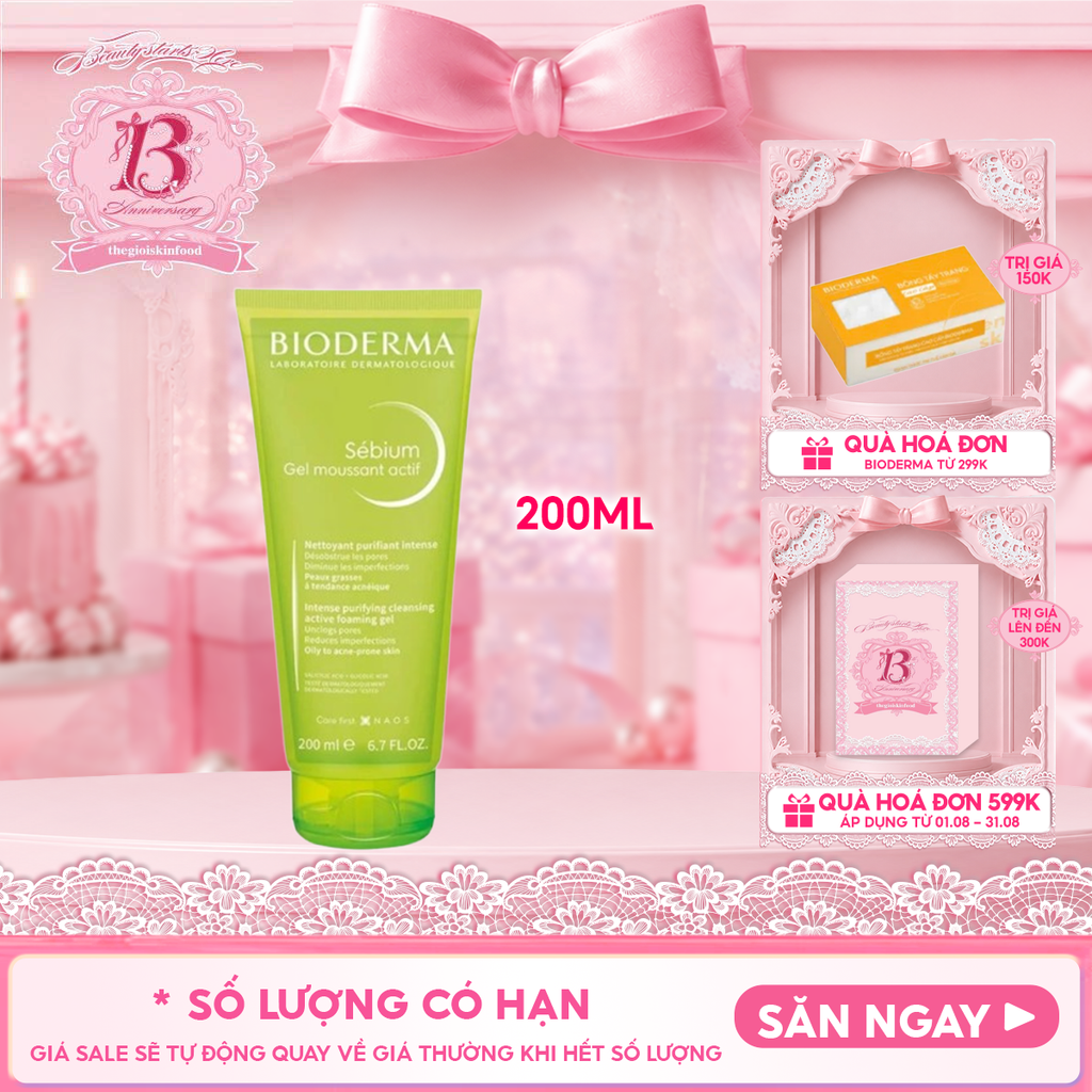 Gel Rửa Mặt Bioderma Làm Sạch Sâu & Hỗ Trợ Giảm Mụn Sebium Gel Moussant Actif 200ml