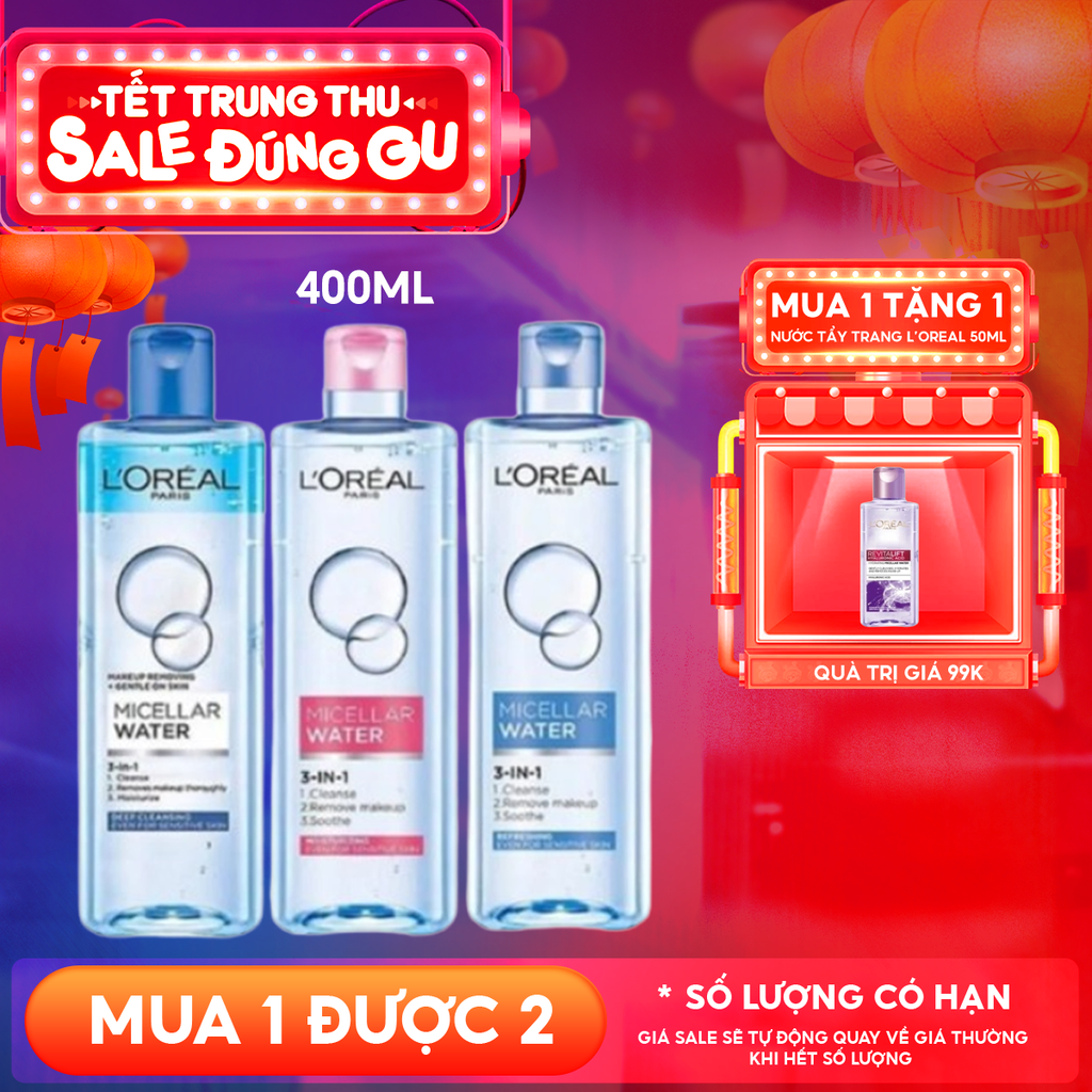 Nước Tẩy Trang L'Oreal Làm Sạch Tươi Mát, Dưỡng Ẩm Cho Da 3-in-1 Micellar Water