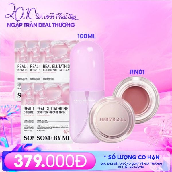  Combo 20/10: (Son Môi & Má Hồng Kem Đa Năng Judydoll 6g #N01 +  Xịt Dưỡng Tóc  Grace And Glow 100ml + Mặt Nạ Some By Mi 20g #Glutathione (5 miếng)) 