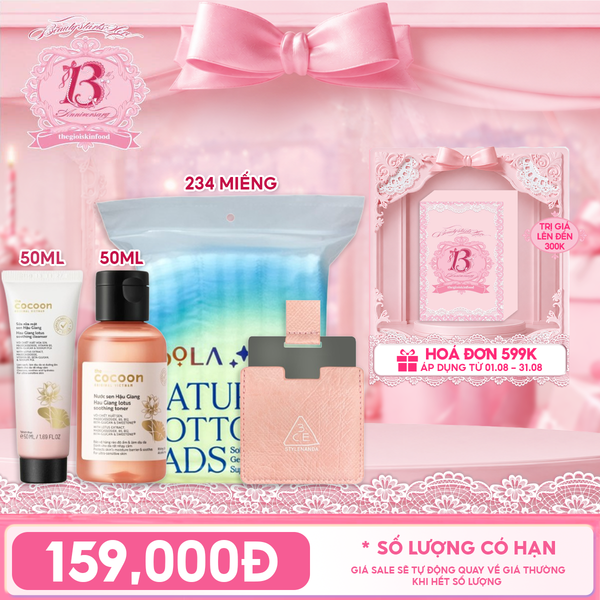  Combo Travel: Sữa Rửa Mặt Sen Hậu Giang Cocoon Cleanser + Nước Cân Bằng Sen Hậu Giang Cocoon Soothing Toner + Bông Tẩy Trang Mềm Mịn TOOLA + Gương Vuông Nhỏ 3CE Pink SEA 