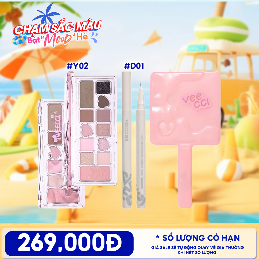 Combo Travel: Bảng Phấn Mắt VEECCI  Ribbon Fantasy 11 Color Eyeshadow Palette + Bút Kẻ Mắt VEECCI Vivid Color Eyeliner Pen 0.6ml + Gương Trang Điểm Cầm Tay VEECCI