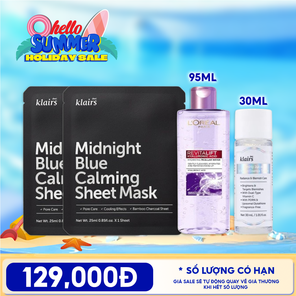 Combo Tiện Lợi: Nước Tẩy Trang L'oreal Revitalift Hyaluronic Acid Hydrating Micellar Water 95ml + Mặt Nạ Klairs Midnight Mask 25ml + Nước Hoa Hồng Sáng Da Klairs Freshly Juiced Vitamin Essence Toner 30ml