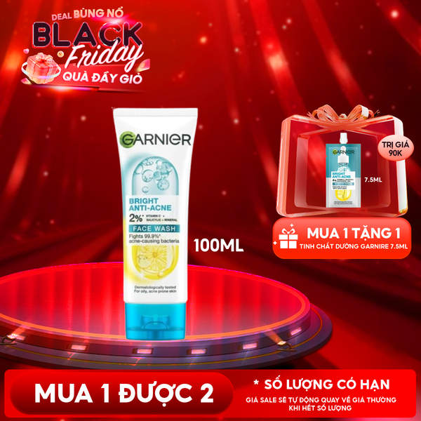  Sữa Rửa Mặt Garnier 3 Trong 1 Hỗ Trợ Giảm Mụn, Hỗ Trợ Dưỡng Sáng Da Bright Complete 3-in-1 Anti-Acne Foam 100ml 